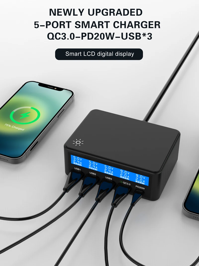 Station de Charge Rapide 65W | 4 USB + Type-C | Écran LED | Chargeur Multi-Appareils ilepo i7