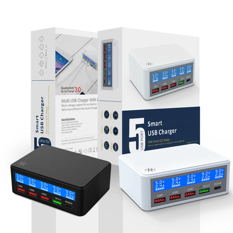 Station de Charge Rapide 65W | 4 USB + Type-C | Écran LED | Chargeur Multi-Appareils ilepo i7