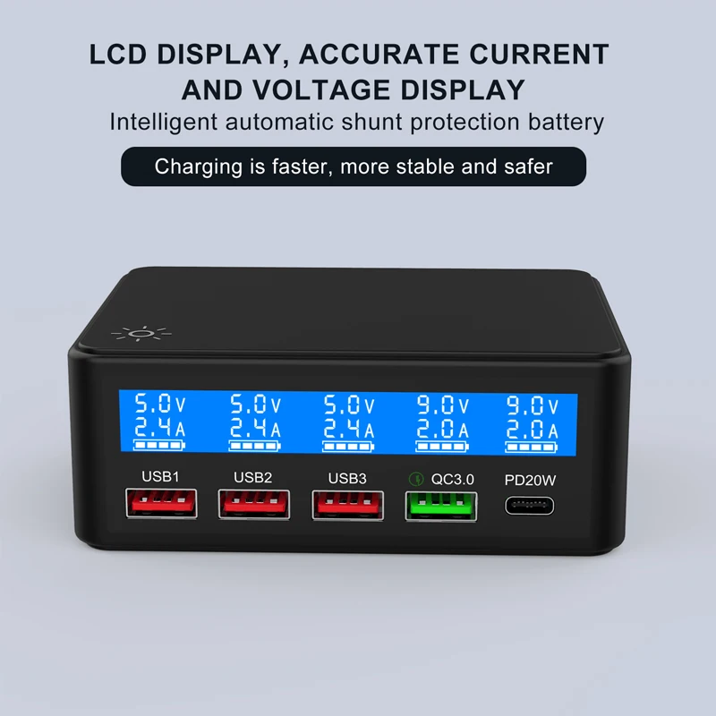 Station de Charge Rapide 65W | 4 USB + Type-C | Écran LED | Chargeur Multi-Appareils ilepo i7