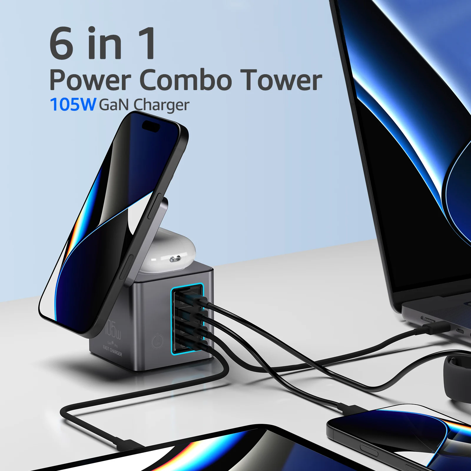 Tour de Charge 6en1 105W – USB-C 65W + Sans Fil 15W + Lampe de Bureau Intégrée