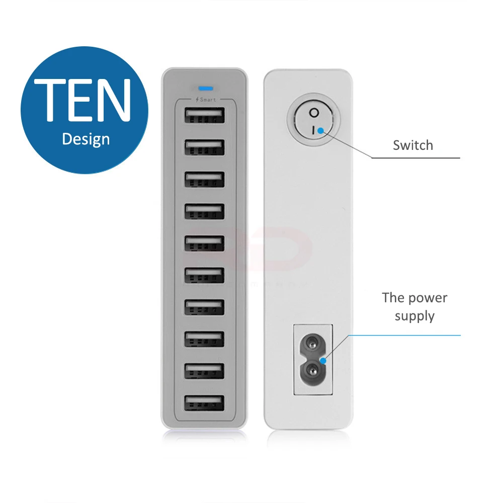 Station de Charge Bureau 10 Ports USB – Charge Rapide QC3.0 50W – Noir