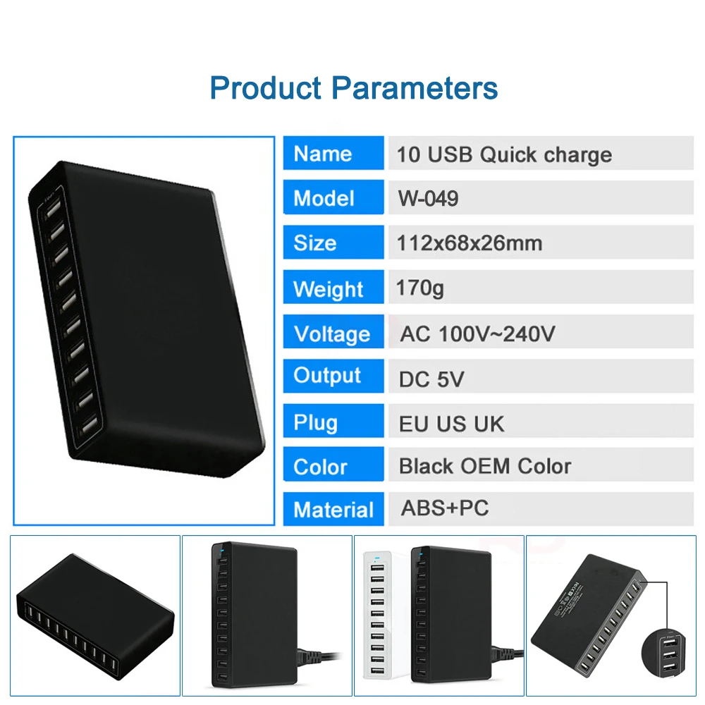 Station de Charge Bureau 10 Ports USB – Charge Rapide QC3.0 50W – Noir