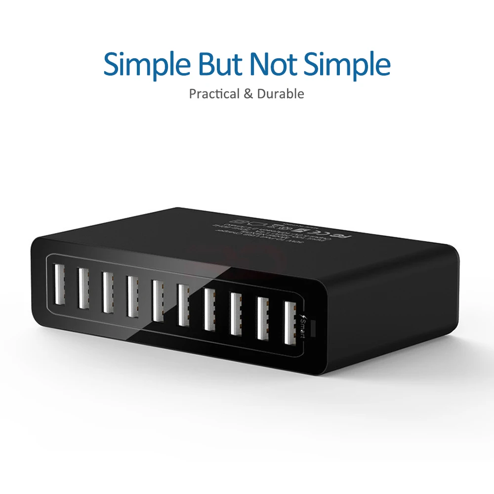 Station de Charge Bureau 10 Ports USB – Charge Rapide QC3.0 50W – Noir