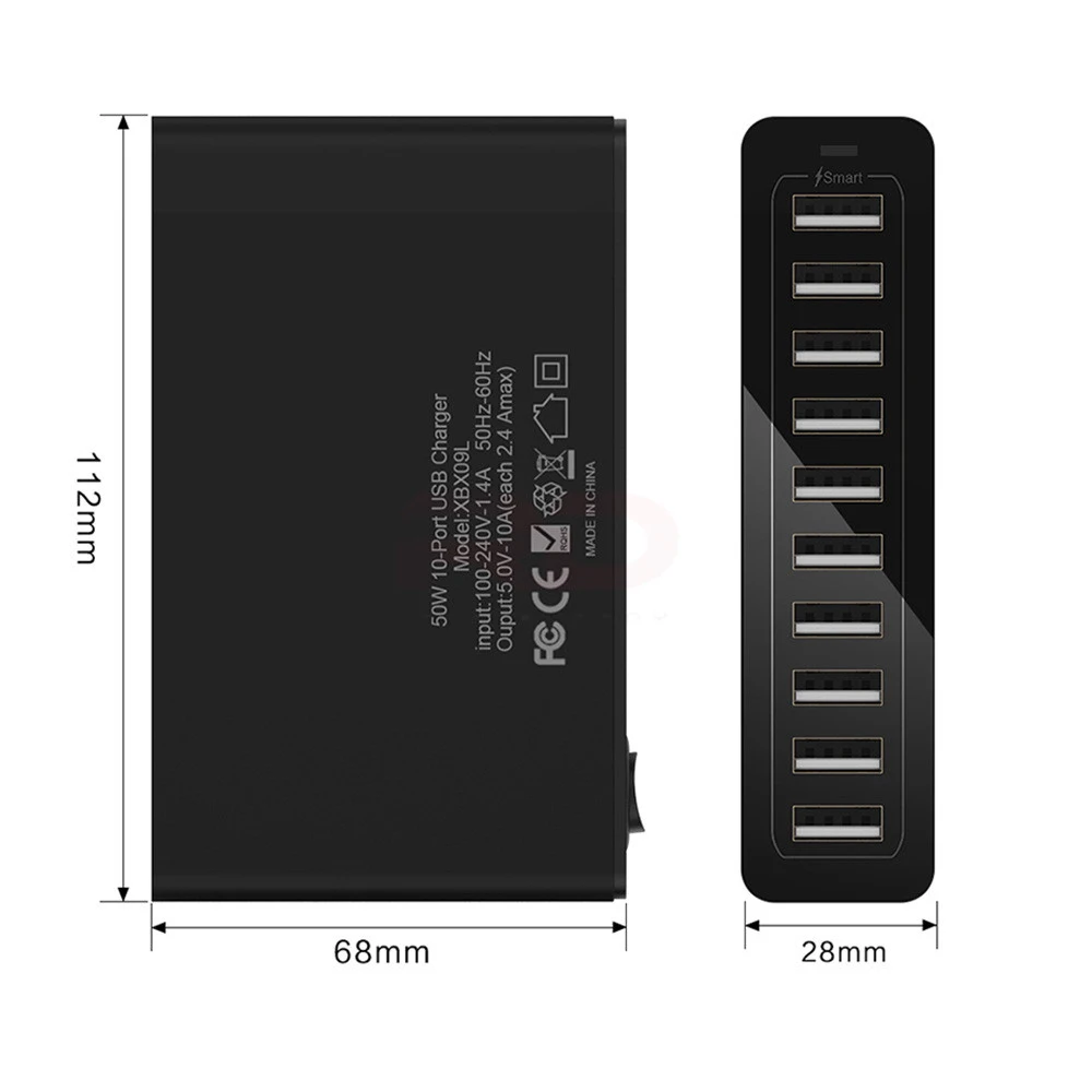 Station de Charge Bureau 10 Ports USB – Charge Rapide QC3.0 50W – Noir