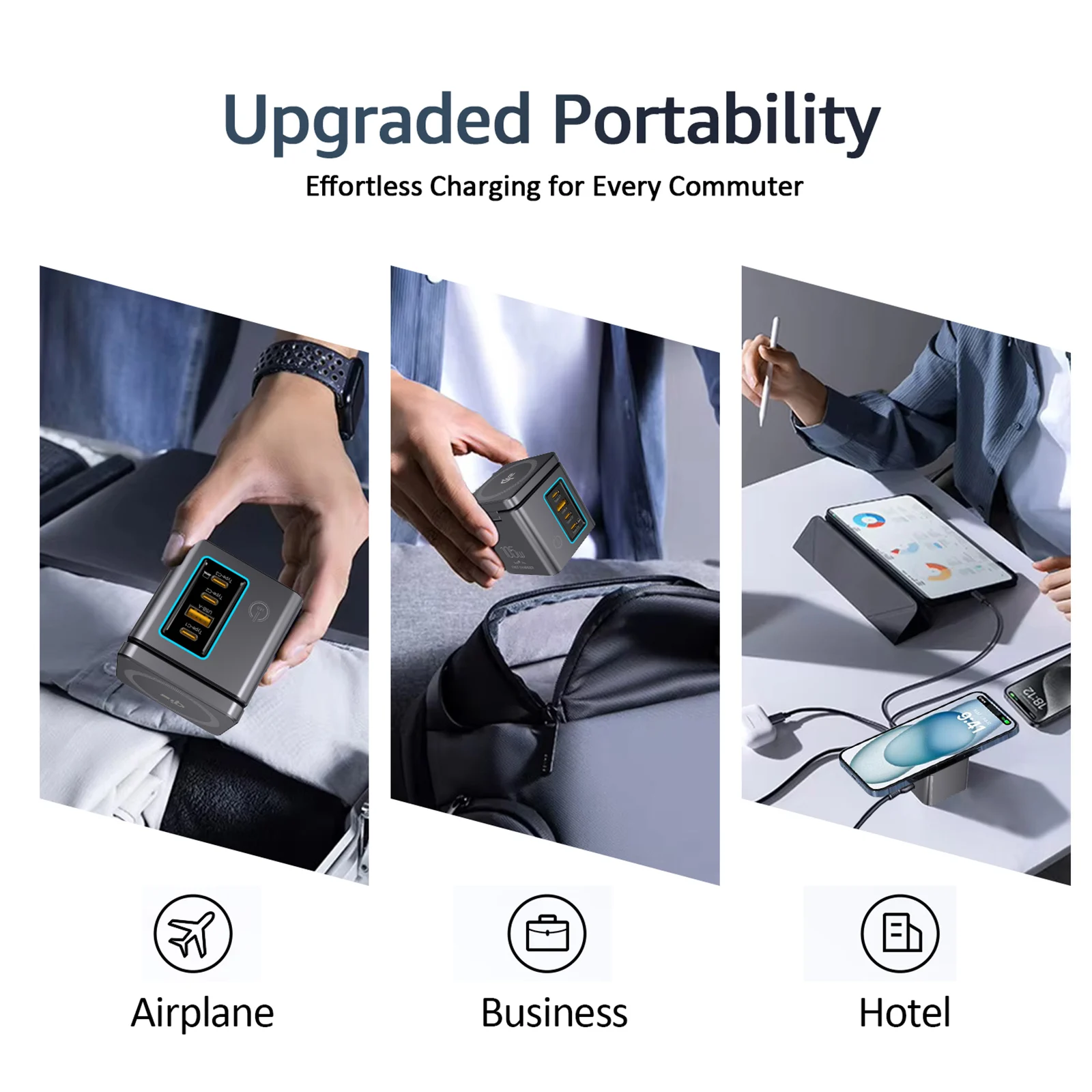 Station de Charge 6en1 105W QI2 – Sans Fil 15W + 4 Ports USB + Lampe de Bureau
