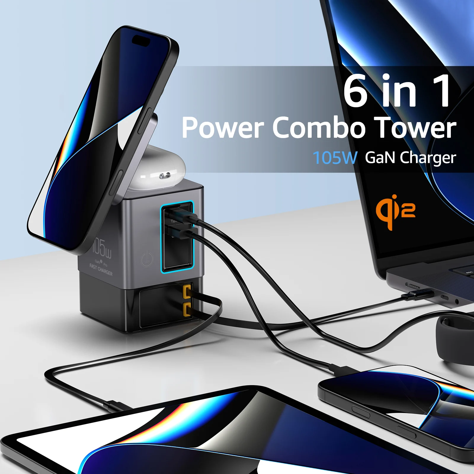 Station de Charge 7en1 Qi2 105W – Sans Fil + Câble Rétractable USB-C + Support