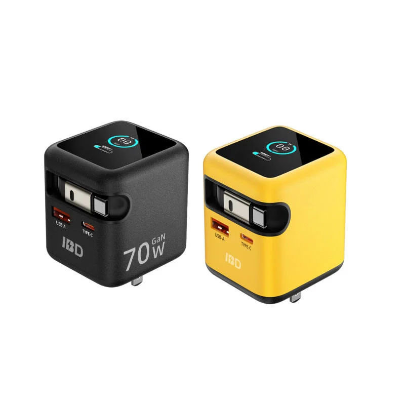 Chargeur Rapide GaN 70W USB-C USB-A Écran TFT Câble Rétractable QC3.0 PD3.0