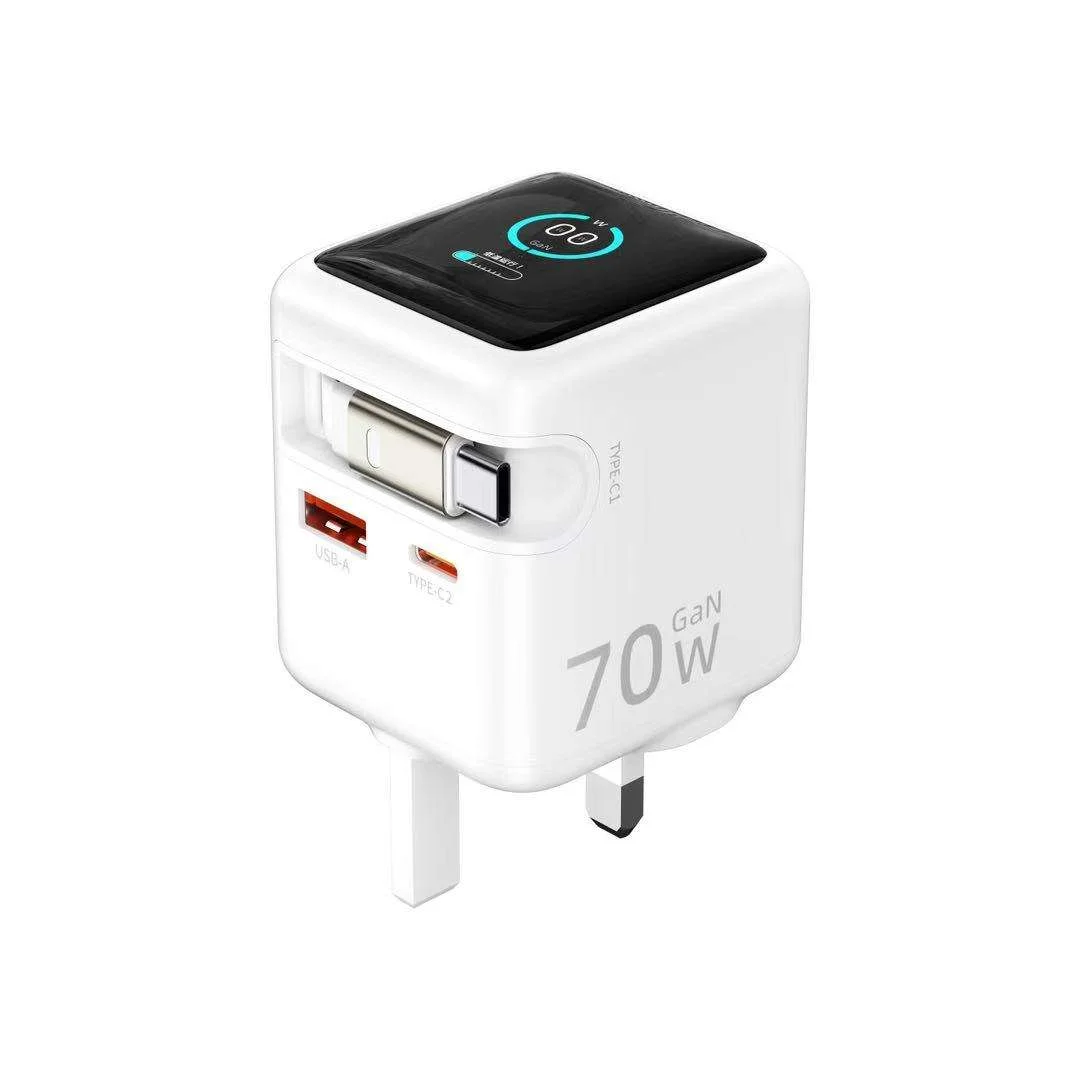 Chargeur Rapide GaN 70W USB-C USB-A Écran TFT Câble Rétractable QC3.0 PD3.0