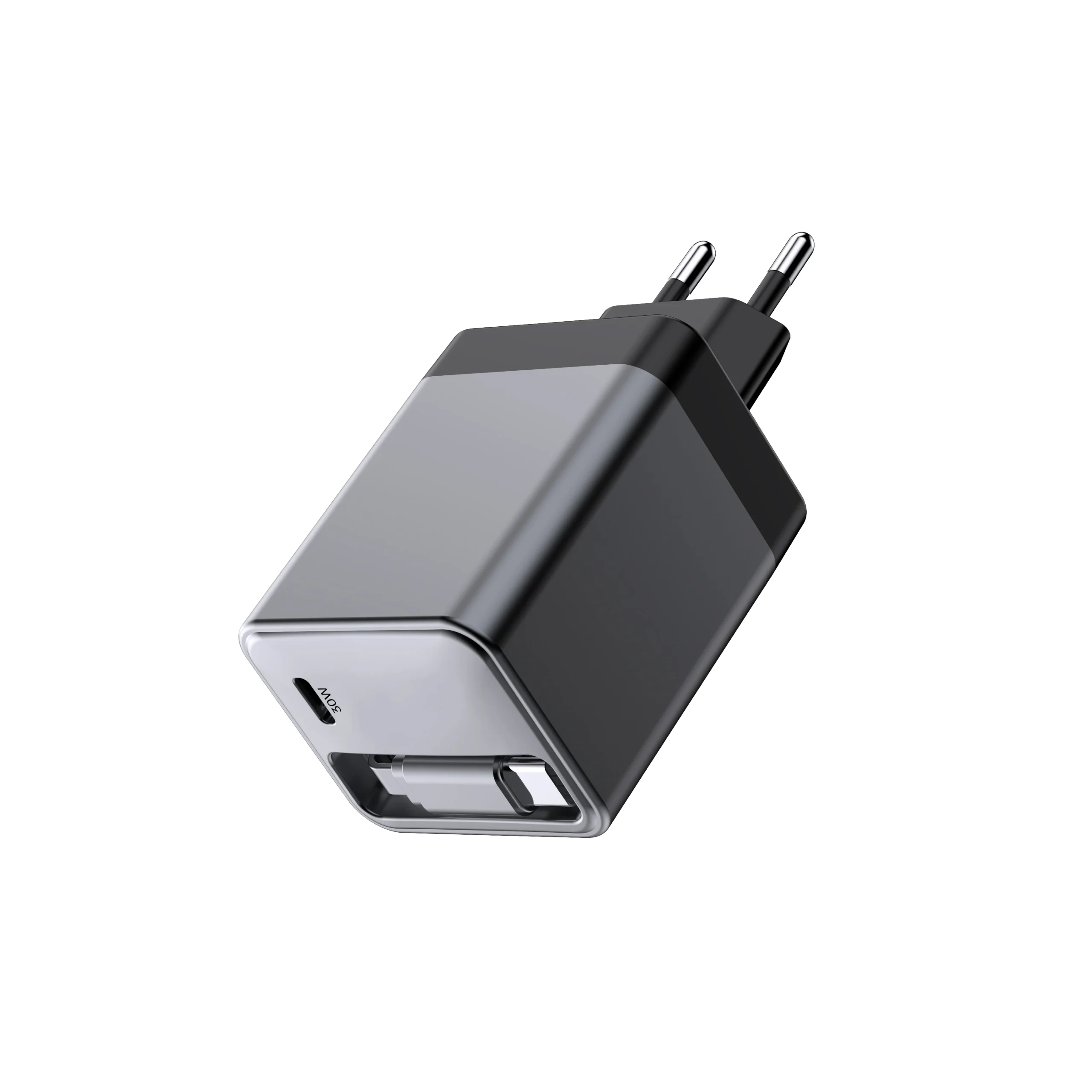 Chargeur Rapide GaN 30W Double USB-C avec Câble Rétractable – Compatible iPhone & Android