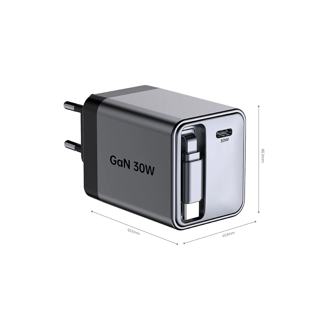 Chargeur Rapide GaN 30W Double USB-C avec Câble Rétractable – Compatible iPhone & Android