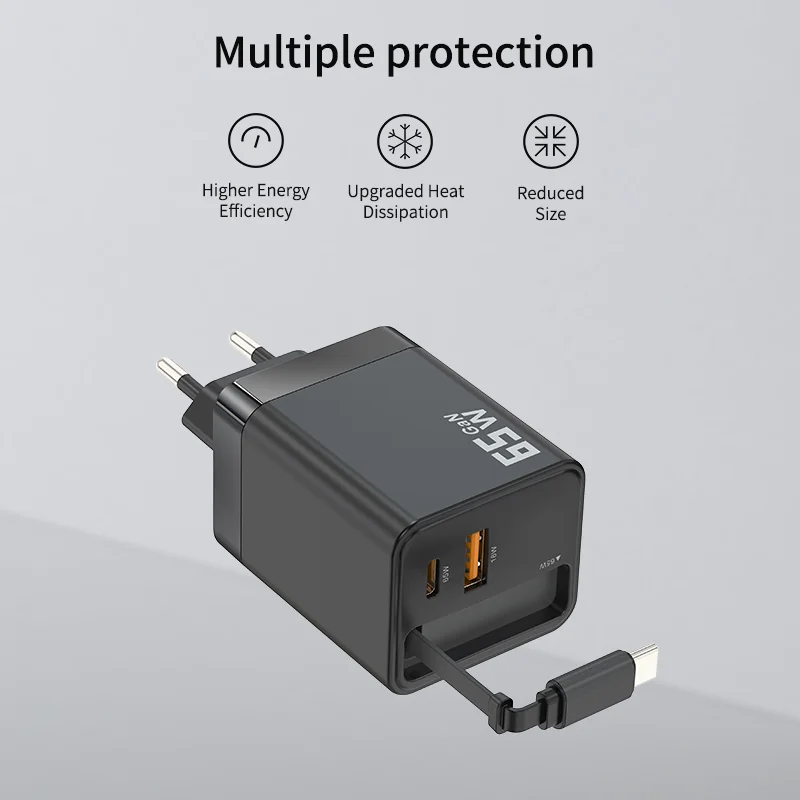 Chargeur Rapide GaN 65W Rétractable USB-C | PD 3.0 & QC 3.0 | Prise EU/US/UK