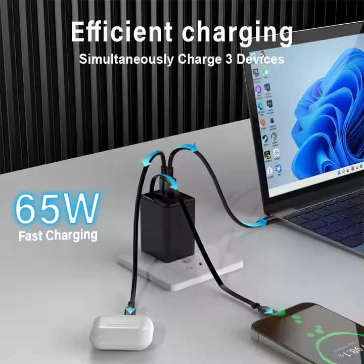 Chargeur Rapide GaN 65W Rétractable USB-C | PD 3.0 & QC 3.0 | Prise EU/US/UK