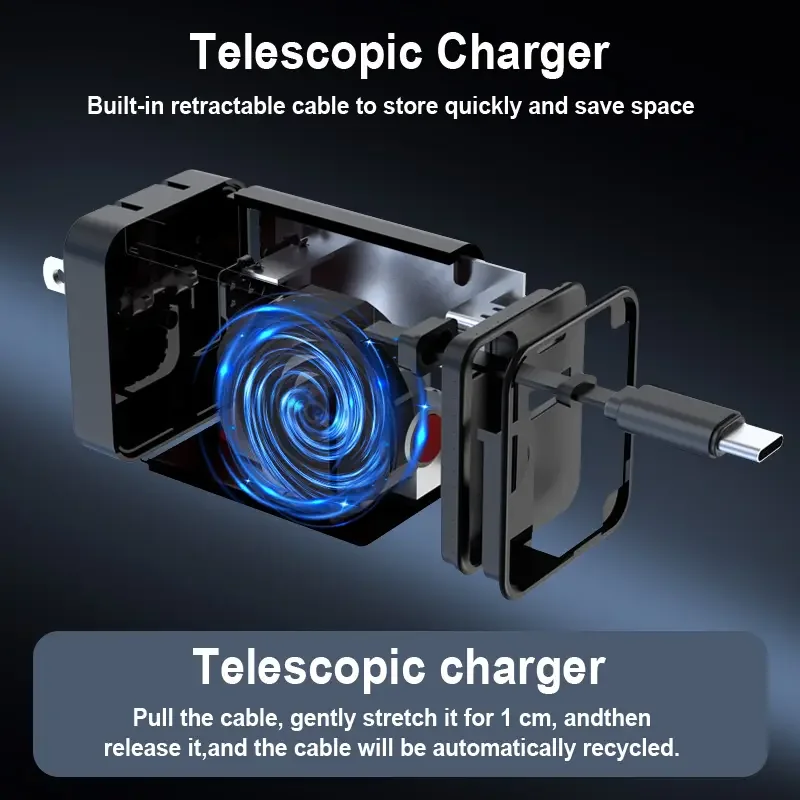 Chargeur Rapide GaN 65W Rétractable USB-C | PD 3.0 & QC 3.0 | Prise EU/US/UK