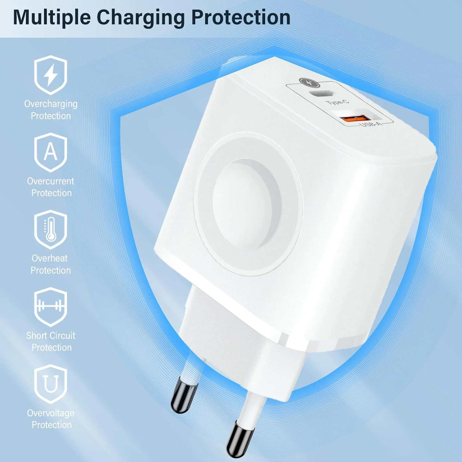 Chargeur Rapide 23W 3 en 1 USB-C + USB-A pour Apple Watch iPhone Samsung Android