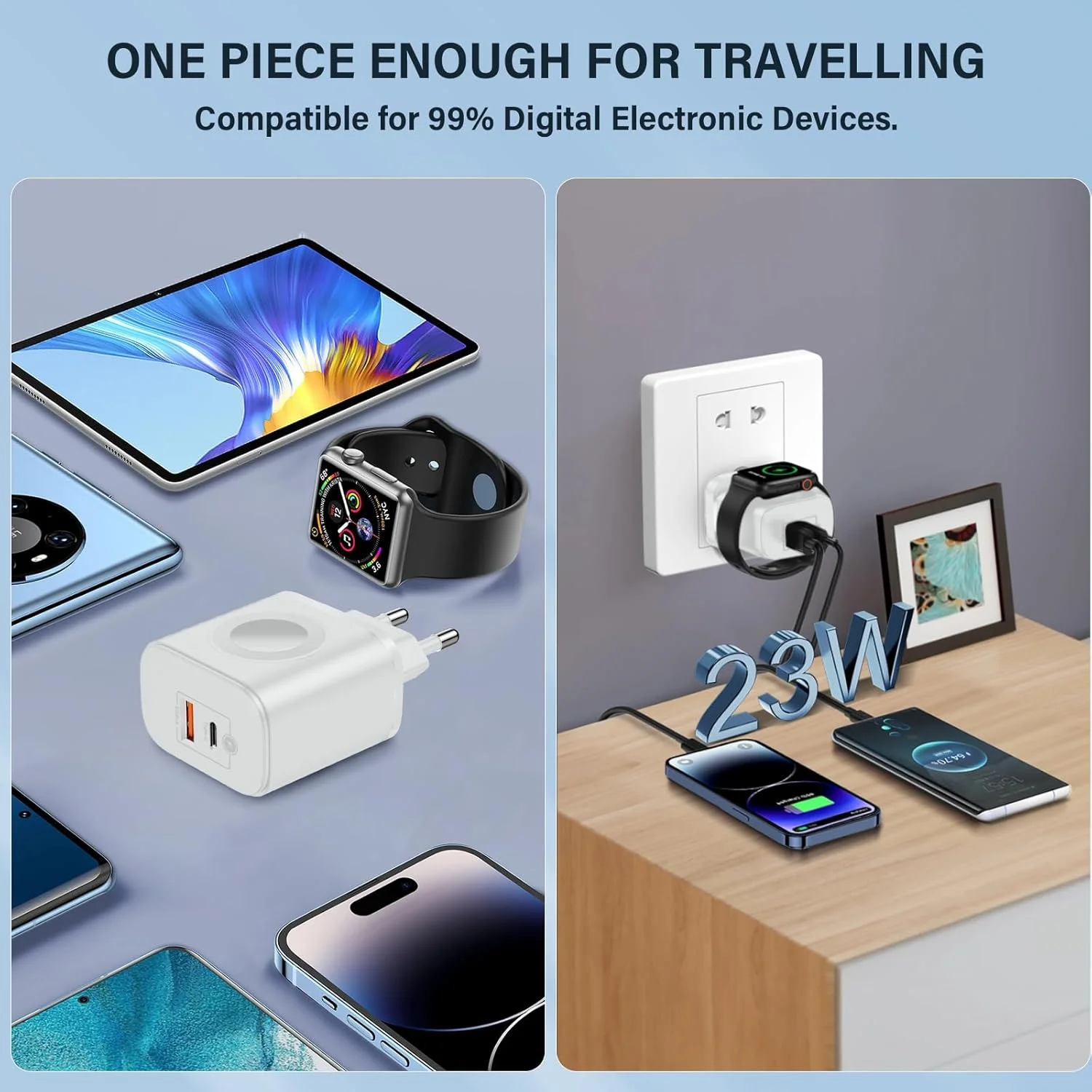 Chargeur Rapide 23W 3 en 1 USB-C + USB-A pour Apple Watch iPhone Samsung Android