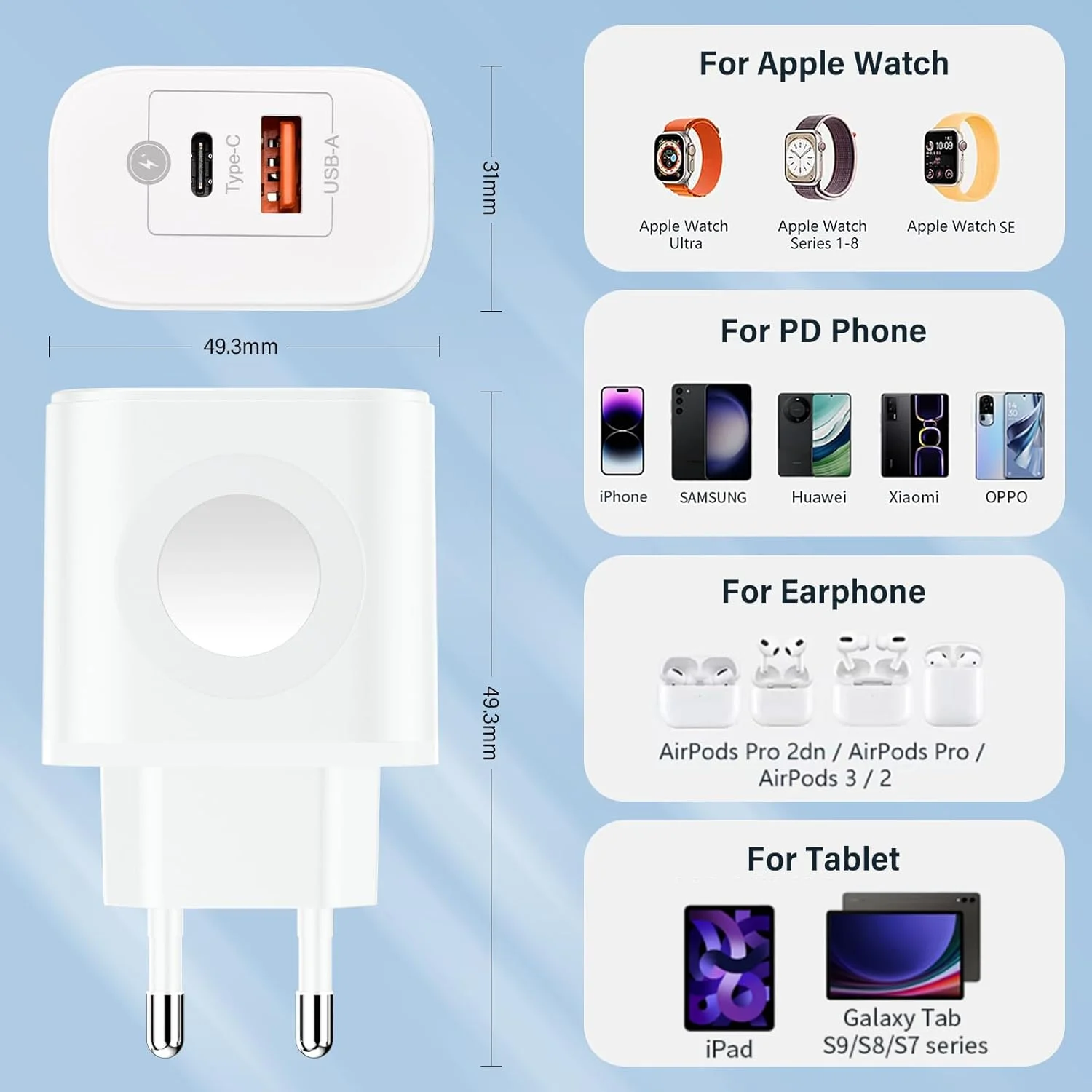Chargeur Rapide 23W 3 en 1 USB-C + USB-A pour Apple Watch iPhone Samsung Android