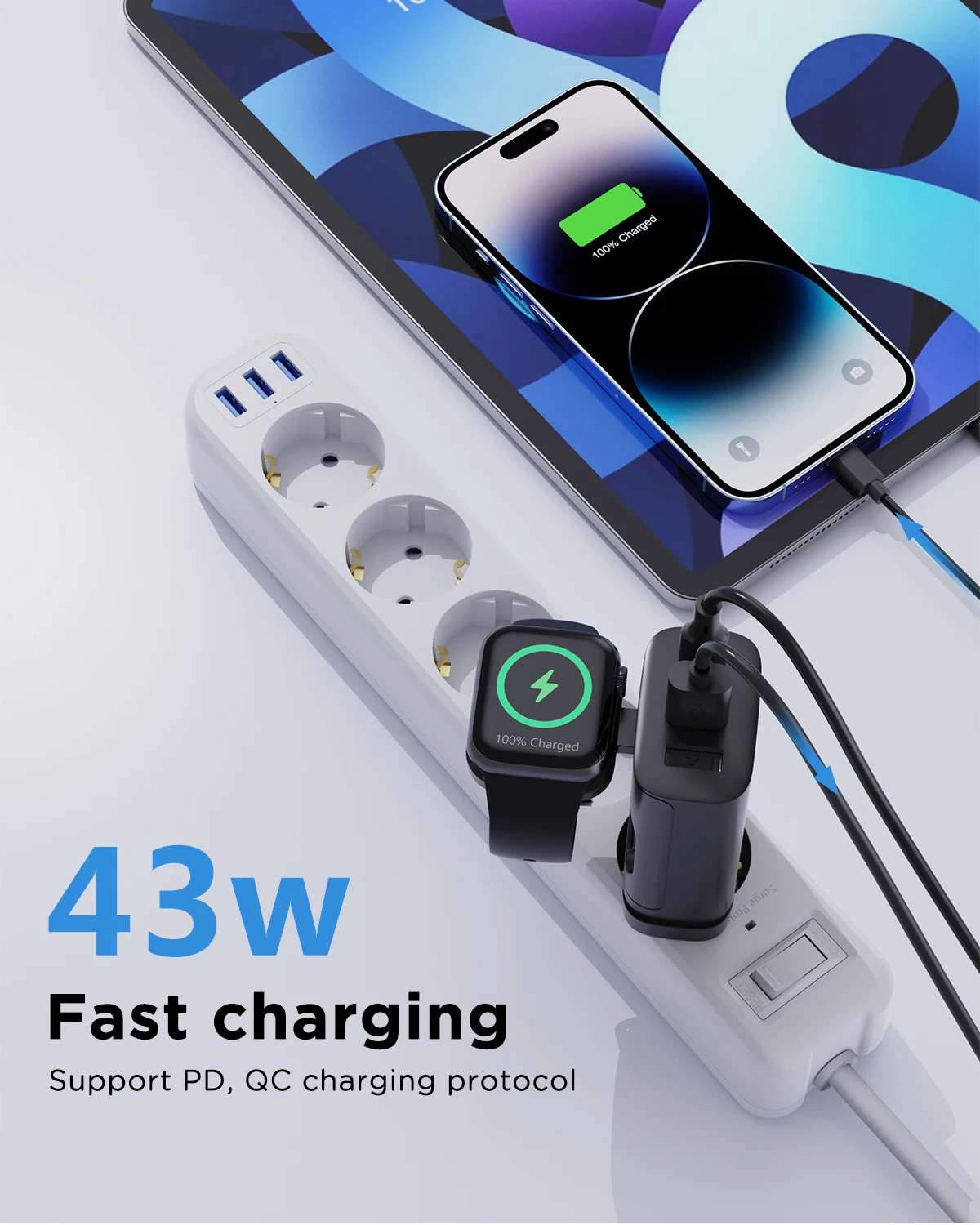 Station de Recharge 4-en-1 Apple Watch & iPhone 43W | 3 Ports USB-C & USB-A Charge Rapide