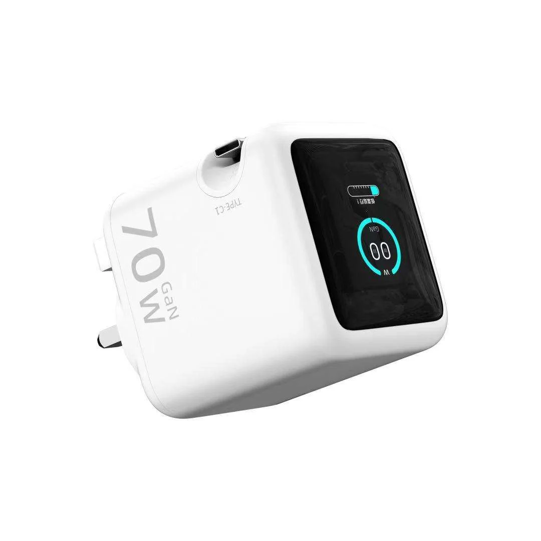 Chargeur Rapide 70W GAN USB-C/USB-A Affichage TFT Câble Rétractable QC3.0 PD3.0