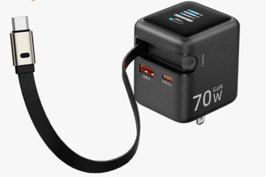 Chargeur Rapide 70W GAN USB-C/USB-A Affichage TFT Câble Rétractable QC3.0 PD3.0