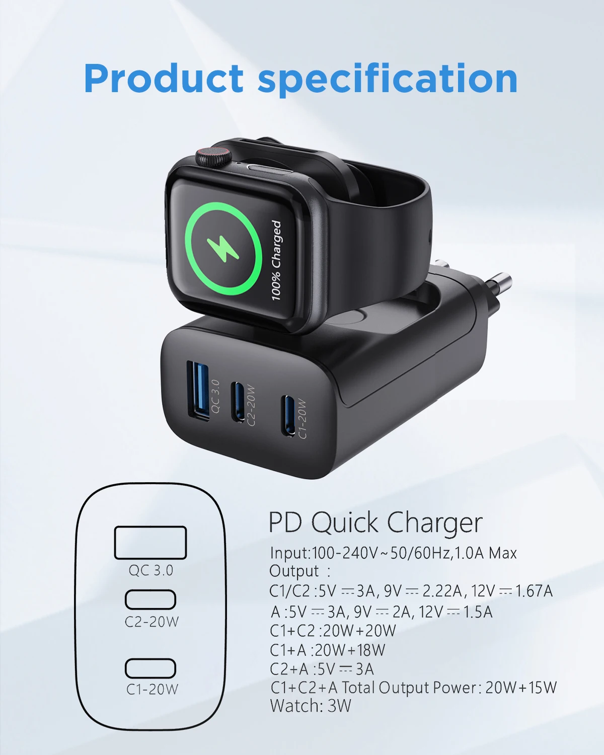 Station de Charge 4-en-1 43W pour Apple Watch & iPhone – USB-C PD + QC3.0