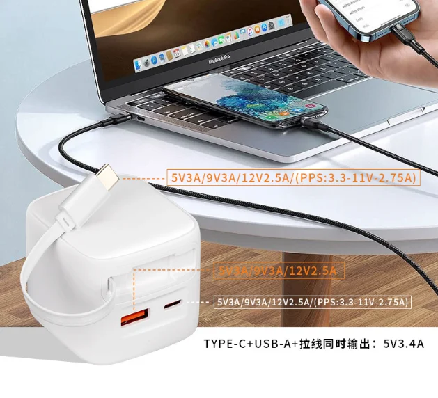Chargeur Mural Rapide 30W USB-C avec Câble Rétractable – Compatible iPhone & Android