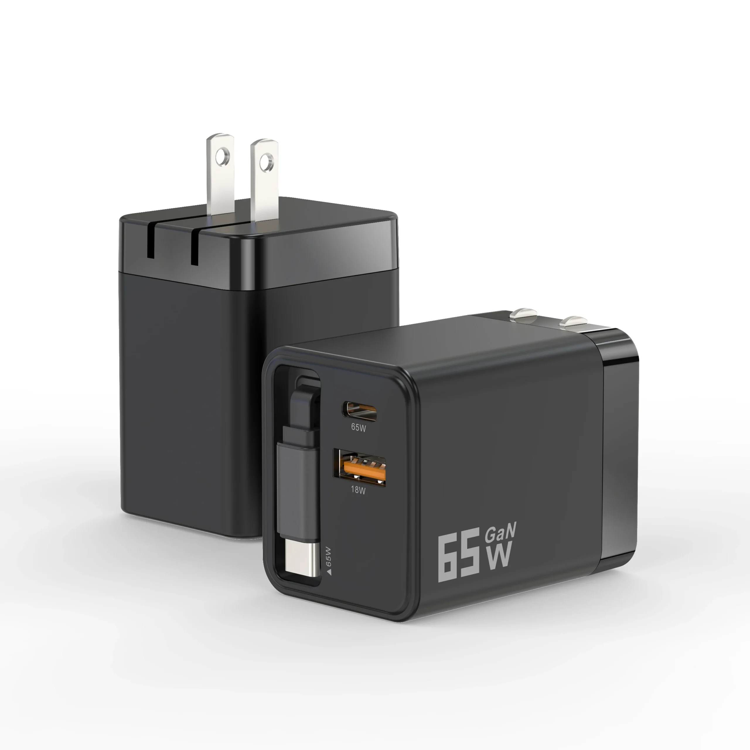 Chargeur Rapide GaN 65W USB-C Double Port Câble Rétractable PD 3.0 QC 3.0 – Prise US/EU/UK