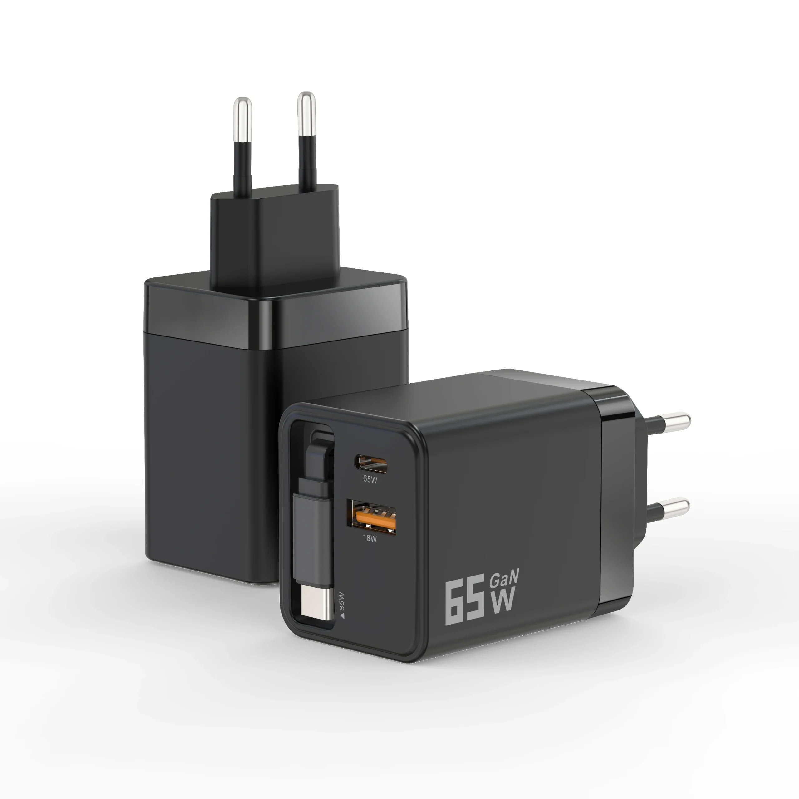 Chargeur Rapide GaN 65W USB-C Double Port Câble Rétractable PD 3.0 QC 3.0 – Prise US/EU/UK