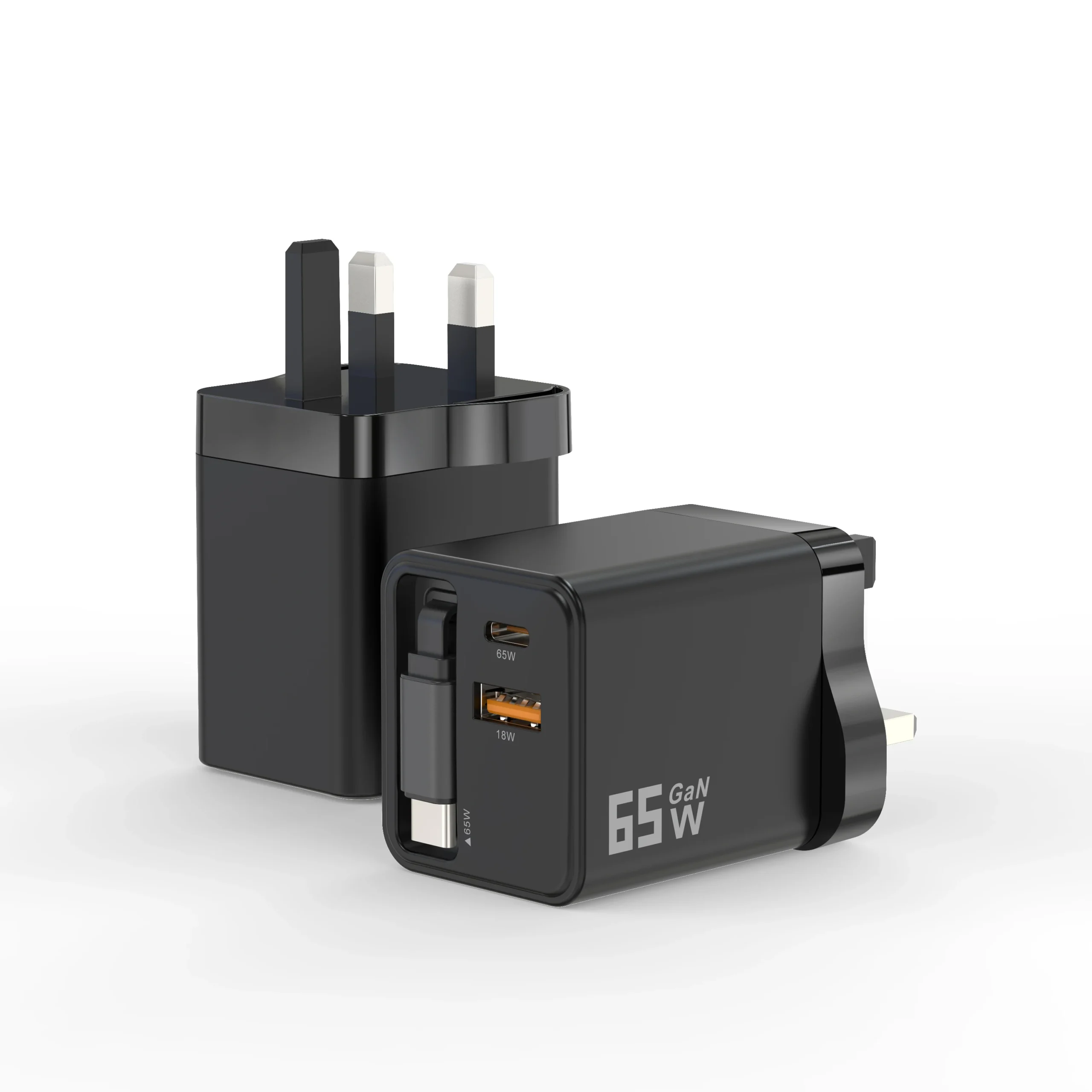 Chargeur Rapide GaN 65W USB-C Double Port Câble Rétractable PD 3.0 QC 3.0 – Prise US/EU/UK