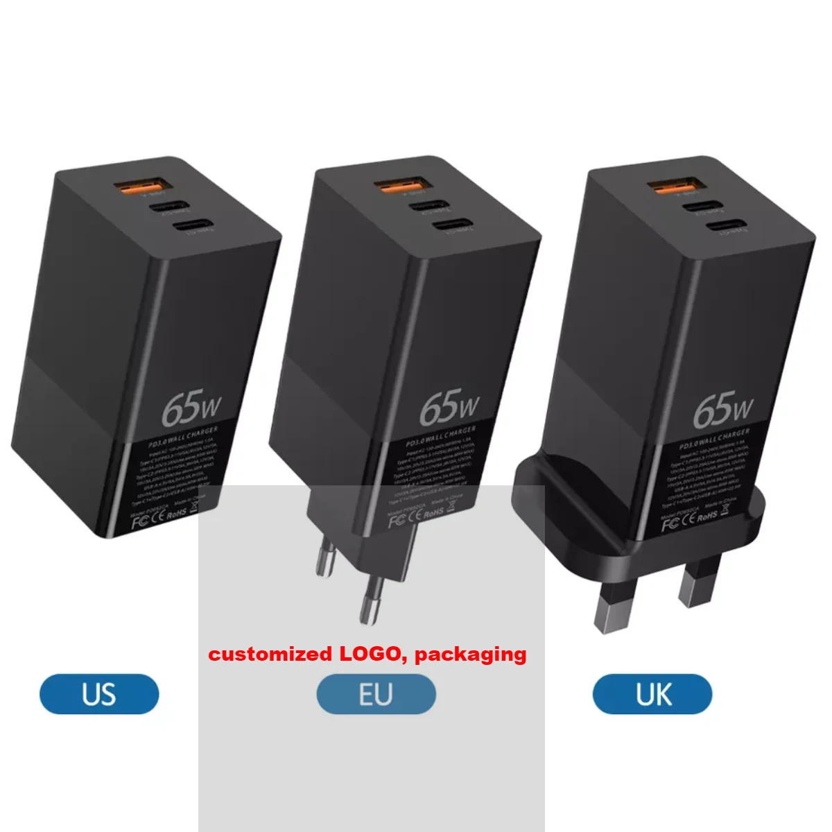 Chargeur GaN 65W 3 Ports USB-C + USB-A Charge Rapide PD QC3.0 – ILEPO i10