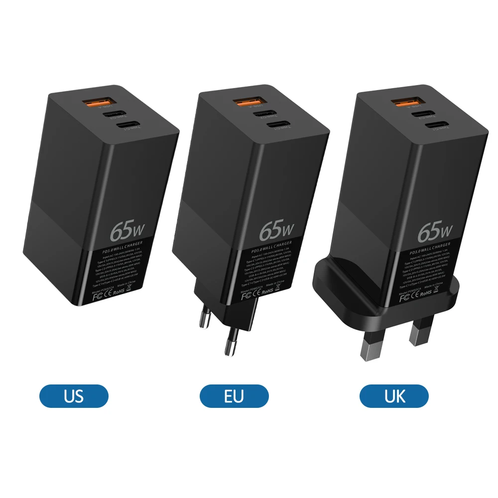 Chargeur GaN 65W 3 Ports USB-C + USB-A Charge Rapide PD QC3.0 – ILEPO i10