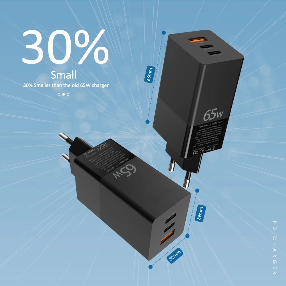 Chargeur GaN 65W 3 Ports USB-C + USB-A Charge Rapide PD QC3.0 – ILEPO i10