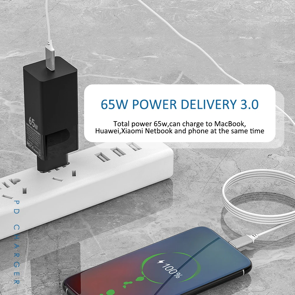 Chargeur GaN 65W USB-C Charge Rapide PD 3.0 QC – Certifié CE FCC RoHS | Ilepo W-616