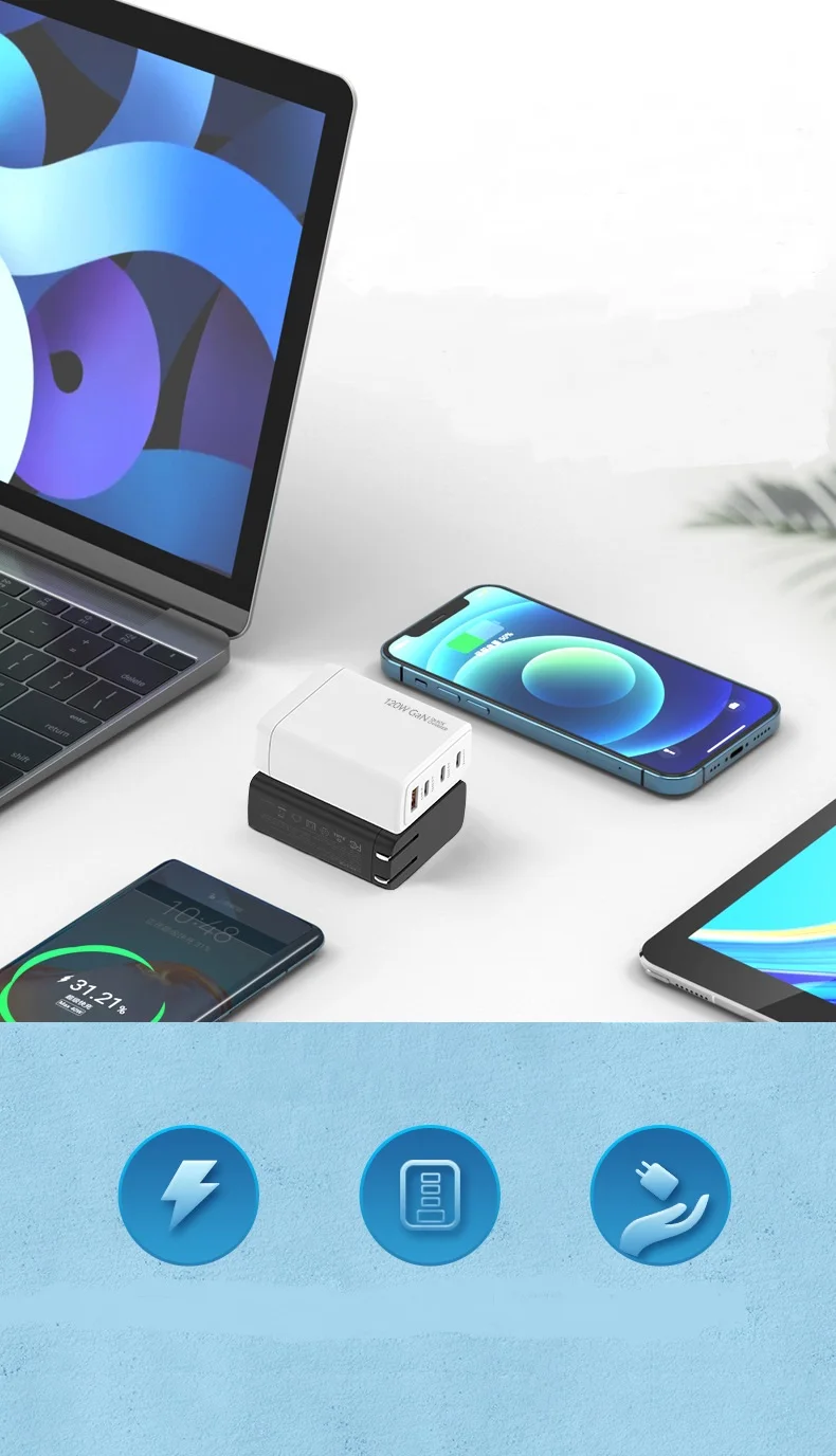 Chargeur GaN 120W 4 Ports (3 USB-C + 1 USB-A) Charge Rapide PD QC3.0 – iPhone, PC, Tablette