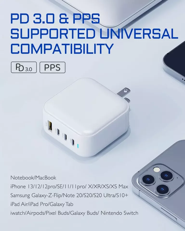 Chargeur GaN 100W Pliable 4 Ports USB-C Charge Rapide PD 3.0 QC 4.0 Universel