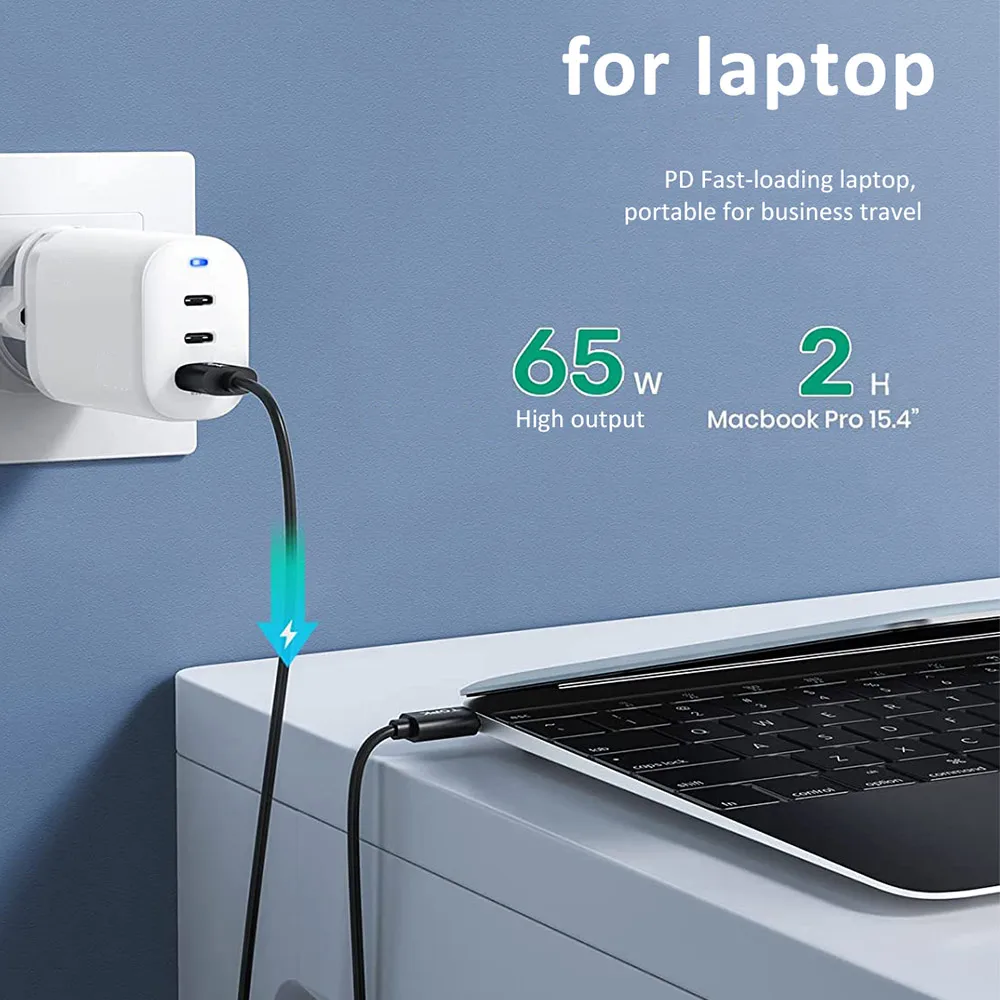 Chargeur GaN 65W Rapide 3 Ports (2 USB-C + USB-A) PD3.0 QC4.0 – MacBook iPhone