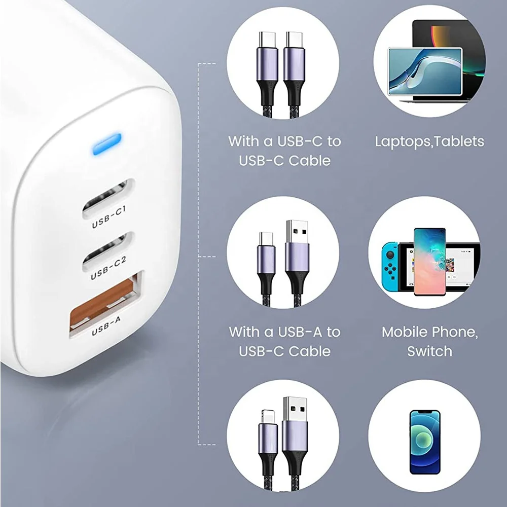 Chargeur GaN 65W ILEPO I40 – 3 Ports (USB + 2 USB-C) Charge Rapide PD QC3.0