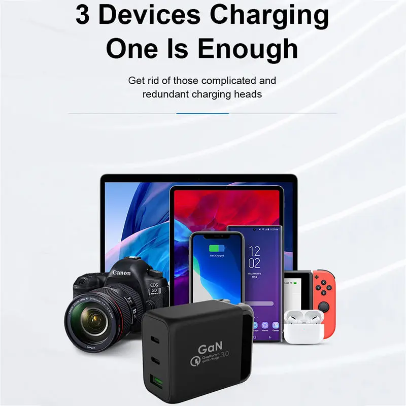 Chargeur GaN 65W 3 Ports USB-C PD + QC3.0 – Charge Rapide EU/US | IlEPO