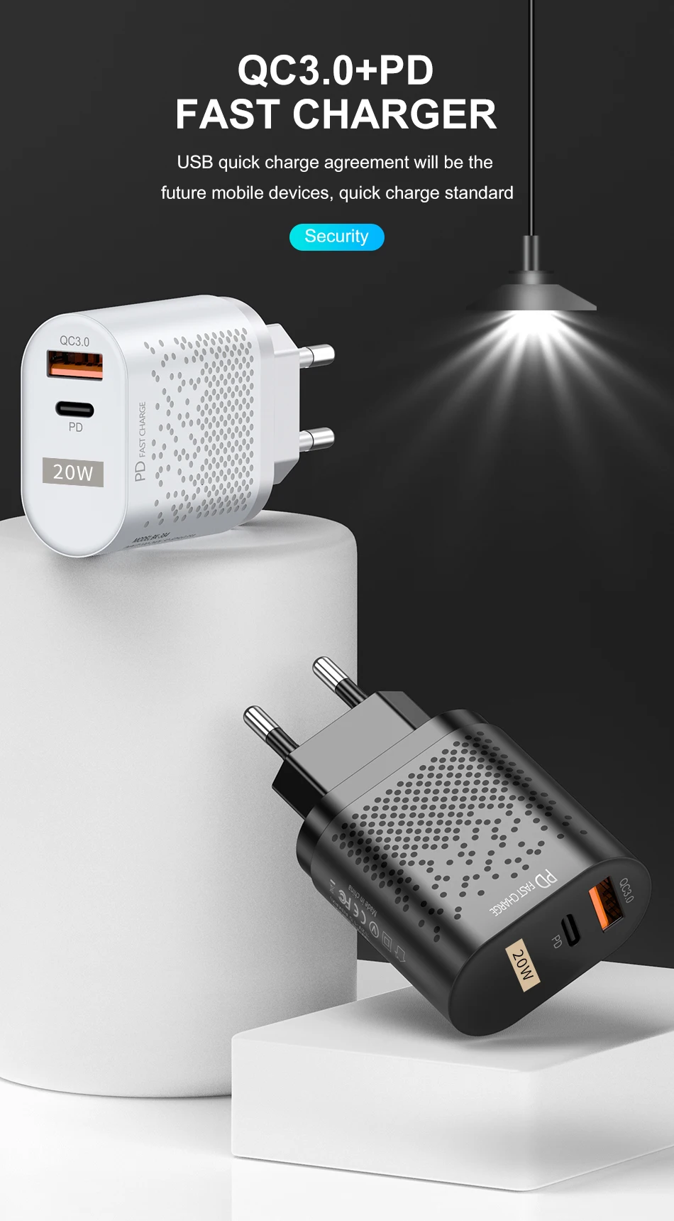 Chargeur Rapide 20W USB-C PD 3.0 + QC 3.0 – Prise EU/US – ILEPO