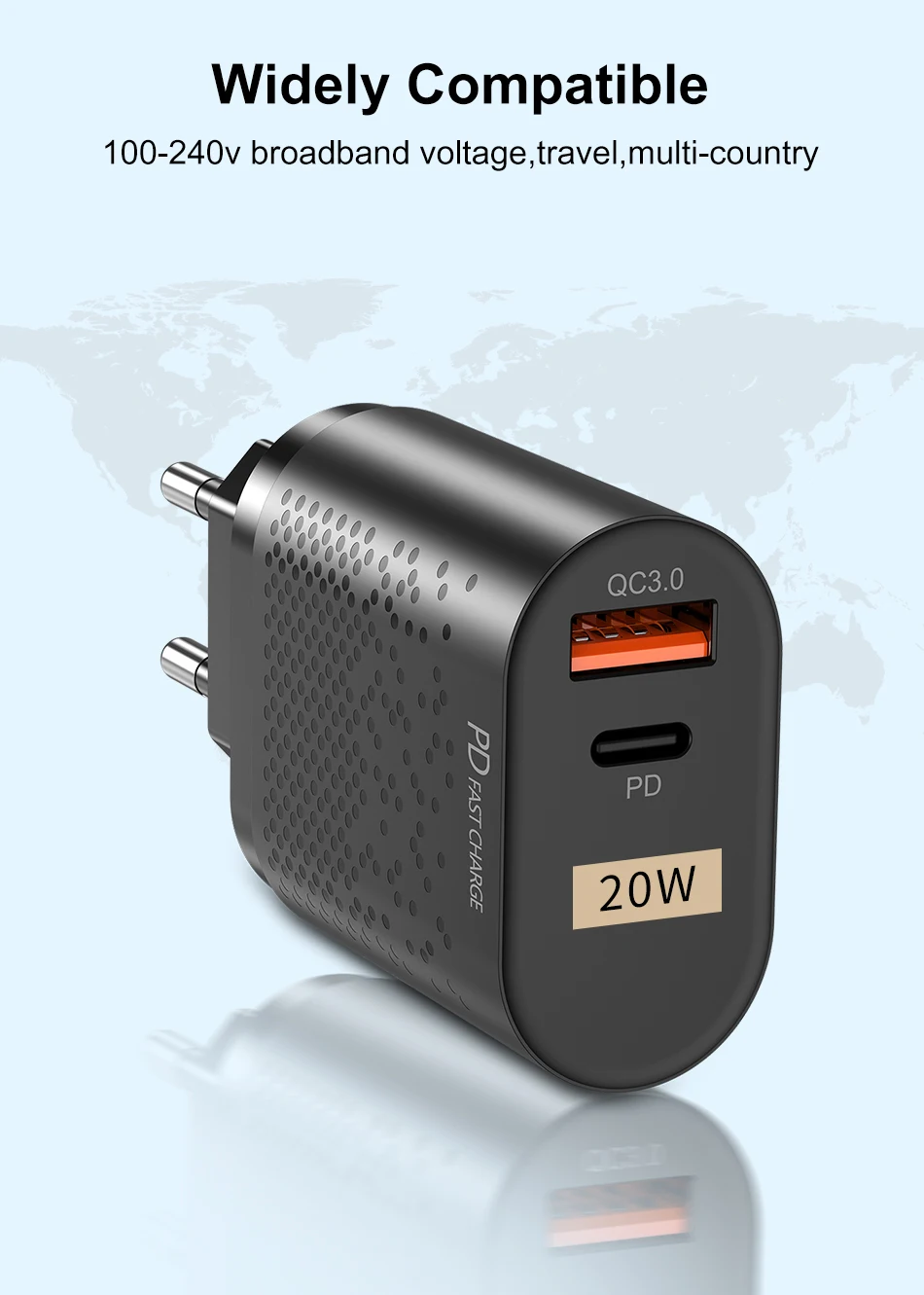 Chargeur Rapide 20W USB-C PD 3.0 + QC 3.0 – Prise EU/US – ILEPO