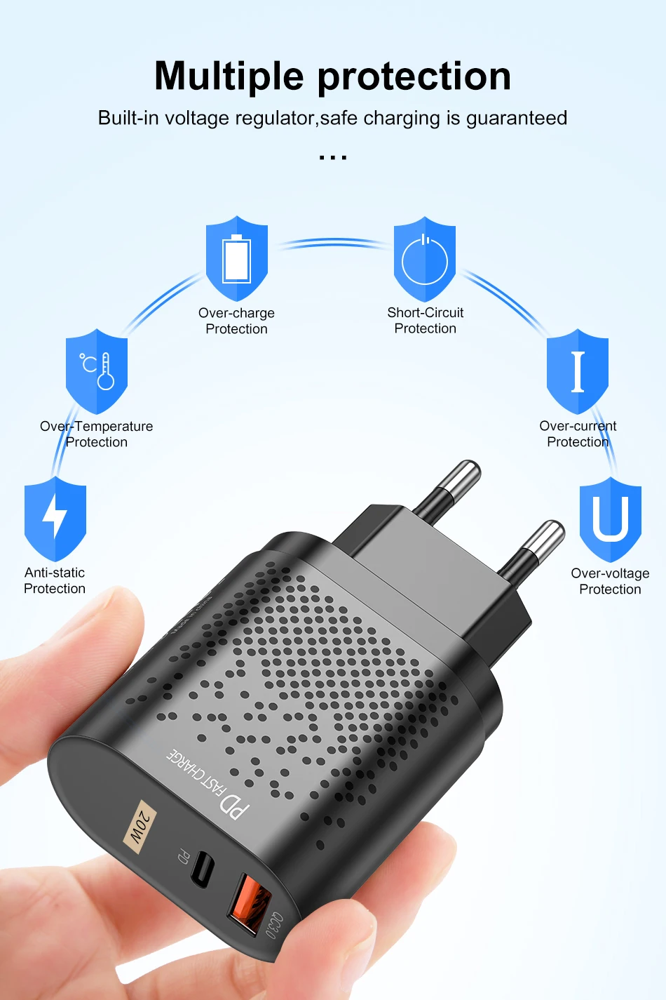 Chargeur Rapide 20W USB-C PD 3.0 + QC 3.0 – Prise EU/US – ILEPO
