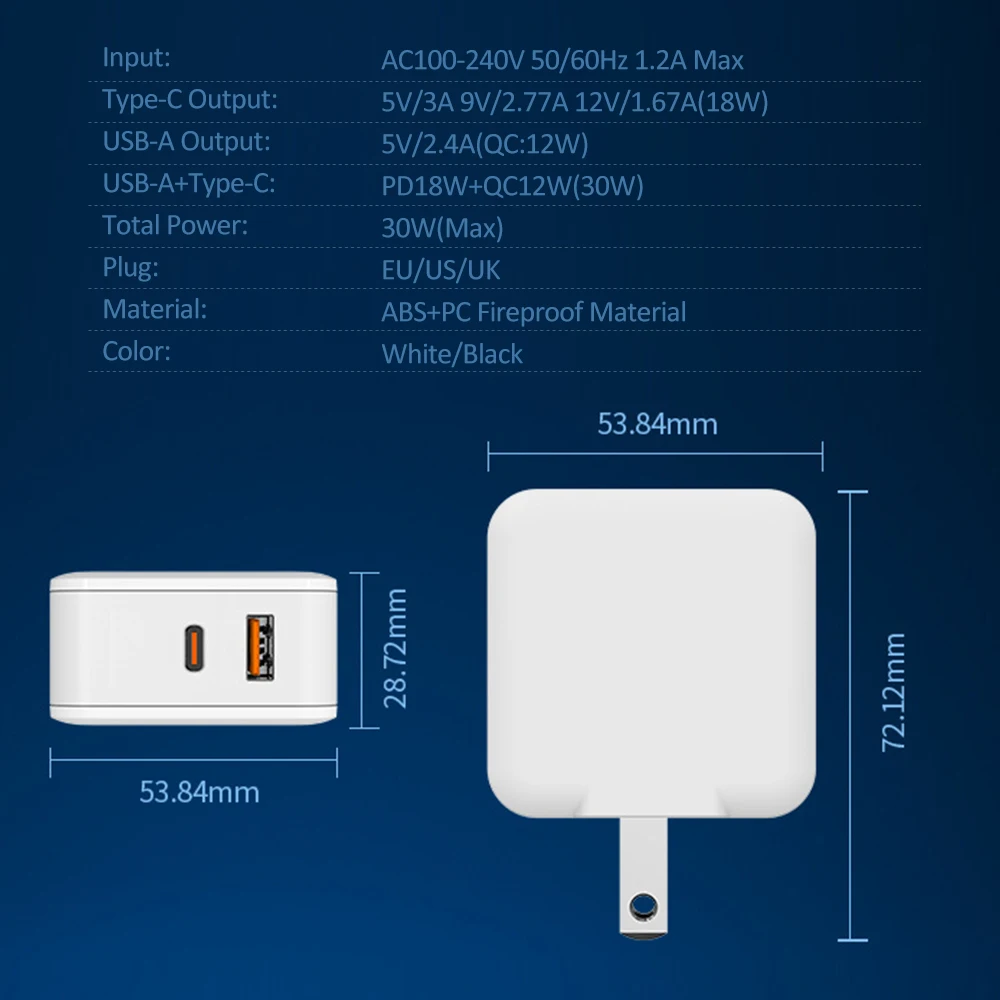 Chargeur Rapide Mural 30W USB-C PD3.0 + QC3.0 – Compatible iPhone & Android