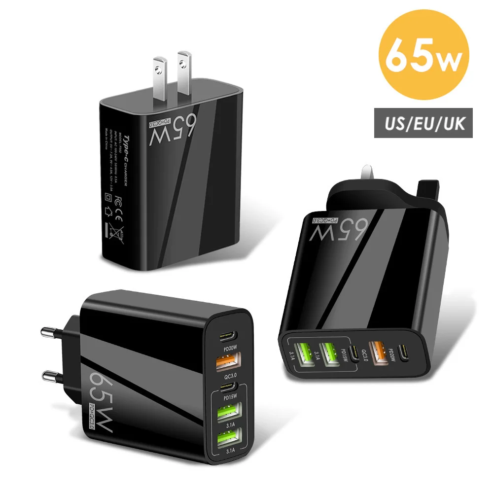 Chargeur Rapide 65W USB-C PD QC3.0 – 5 Ports | Compatible iPhone, Android, iPad, Tablette