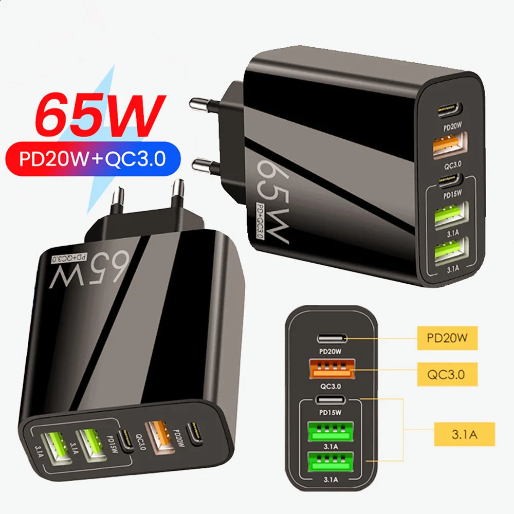 Chargeur Rapide 65W USB-C PD QC3.0 – 5 Ports | Compatible iPhone, Android, iPad, Tablette