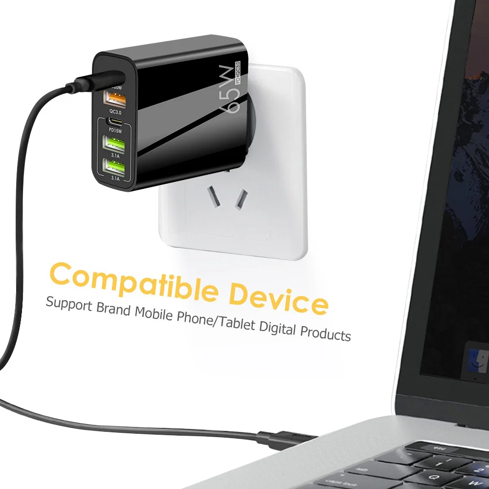 Chargeur Rapide 65W USB-C PD QC3.0 – 5 Ports | Compatible iPhone, Android, iPad, Tablette