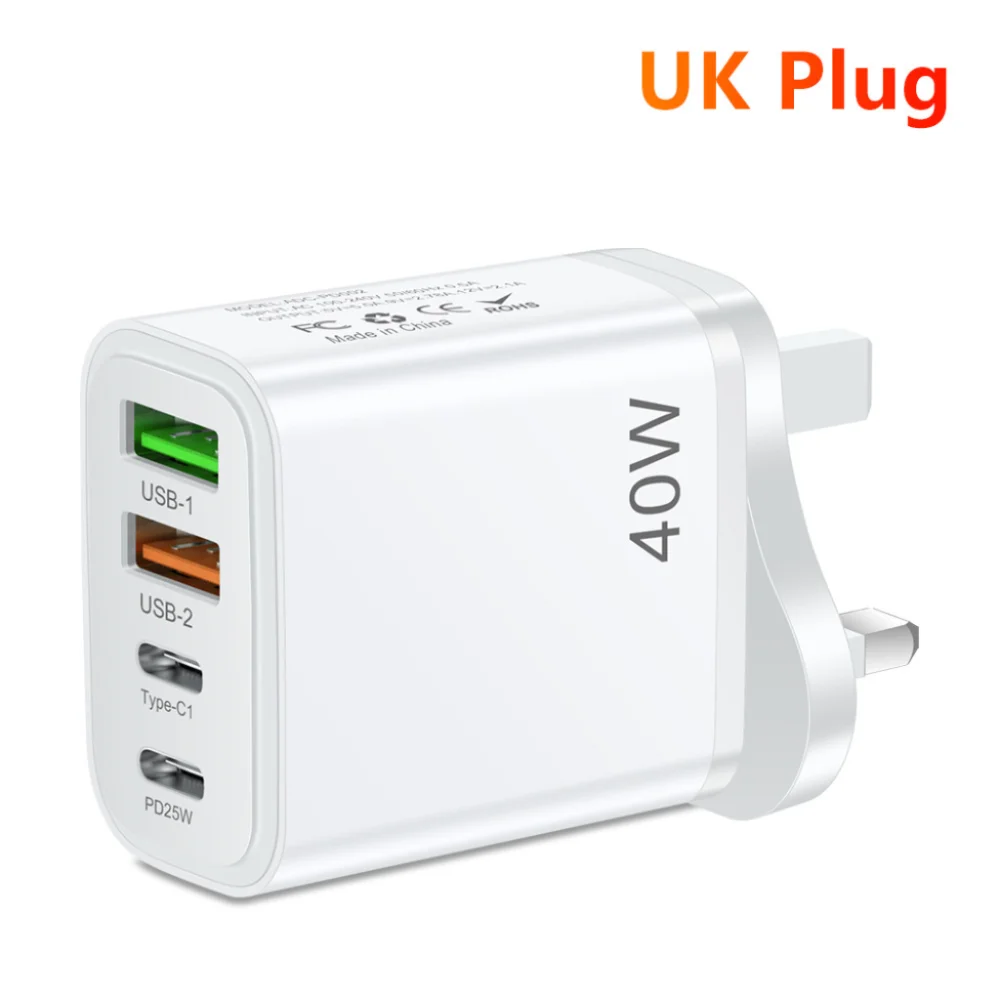 Chargeur Mural Rapide 40W | 4 Ports USB-A & USB-C | PD 3.0 & QC 3.0 | Prise EU/US