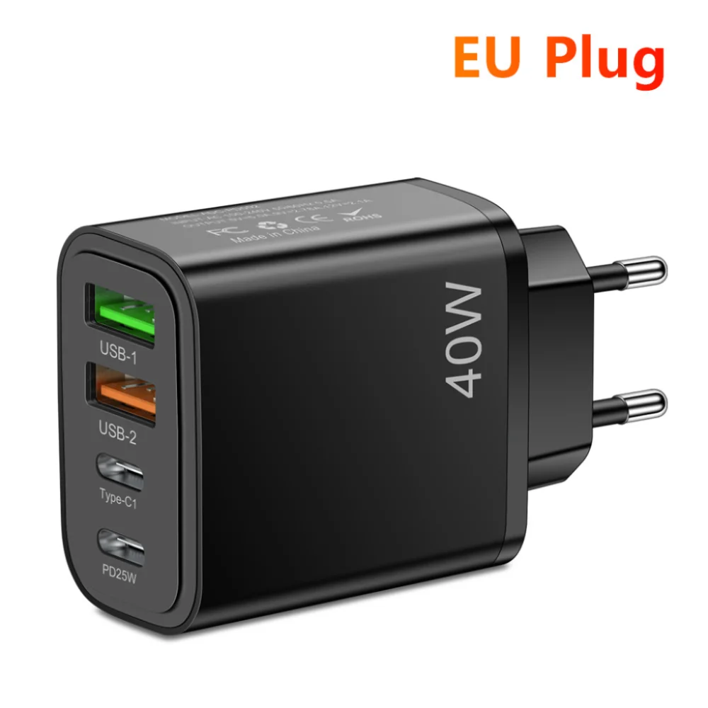 Chargeur Mural Rapide 40W | 4 Ports USB-A & USB-C | PD 3.0 & QC 3.0 | Prise EU/US