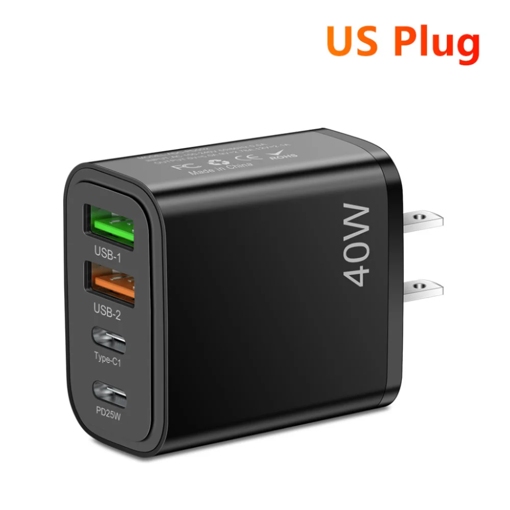 Chargeur Mural Rapide 40W | 4 Ports USB-A & USB-C | PD 3.0 & QC 3.0 | Prise EU/US
