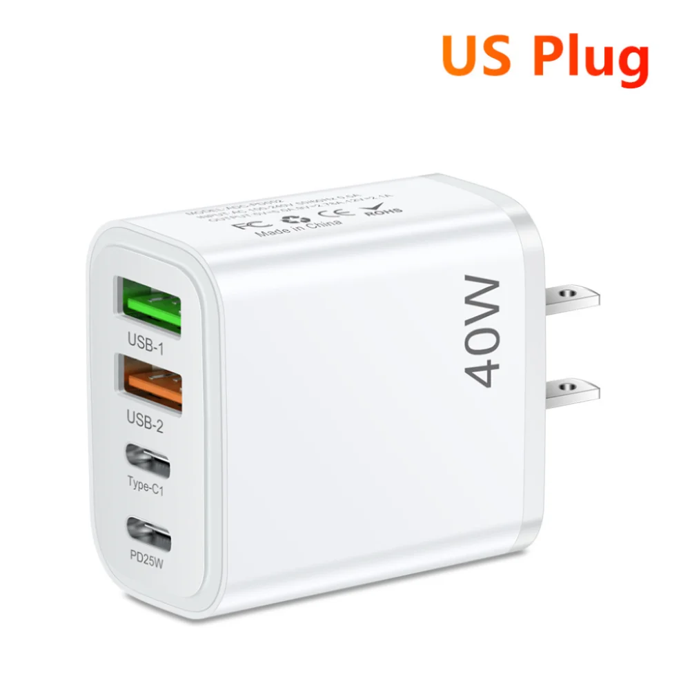 Chargeur Mural Rapide 40W | 4 Ports USB-A & USB-C | PD 3.0 & QC 3.0 | Prise EU/US