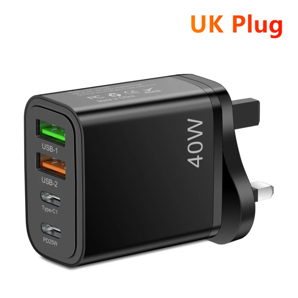 Chargeur Mural Rapide 40W | 4 Ports USB-A & USB-C | PD 3.0 & QC 3.0 | Prise EU/US