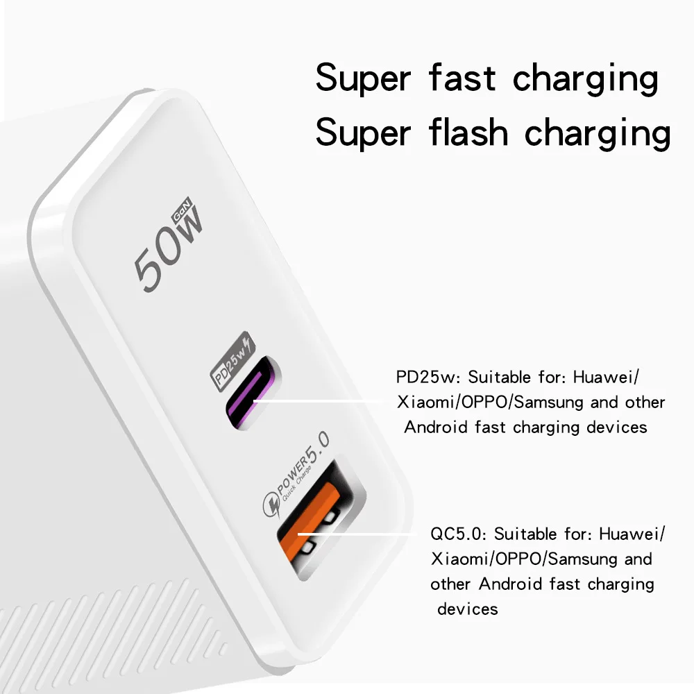 Chargeur Rapide 50W Double Port USB-C PD 3.0 | Compatible iPhone Samsung Xiaomi Huawei